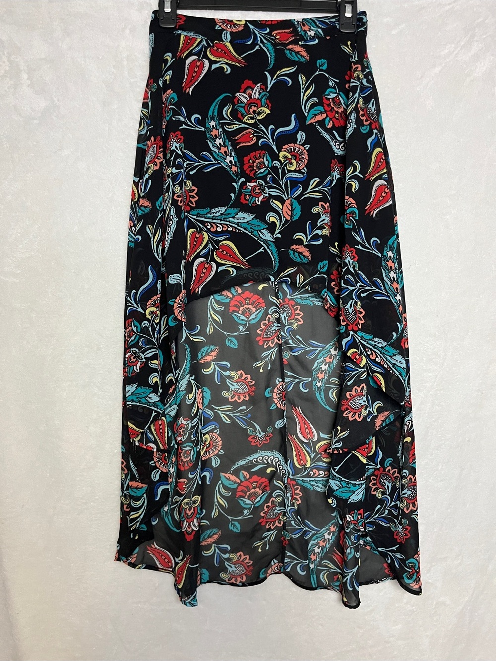 Forever 21 Black High-Low Skirt with Red and Teal Floral Print